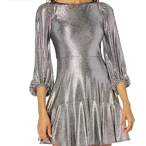 Eliza J Silver Metallic Dress Puff Sleeves Jersey Cocktail Plus Size 14 - Picture 2 of 7